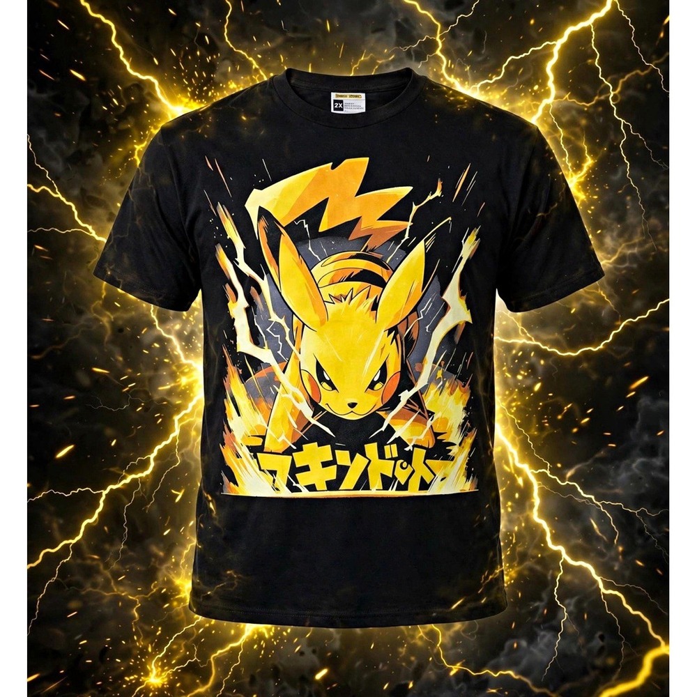 2XL Pikachu Pokémon adult Unisex Black/Yellow Graphic Print Crew Neck T-Shirt
